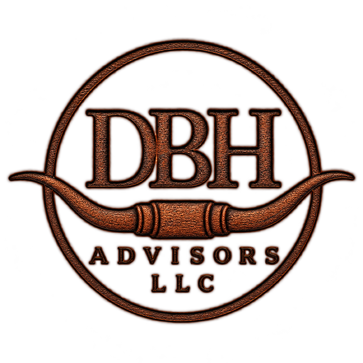 DBH Advisors LLC longhorn emblem burned into the cream leather